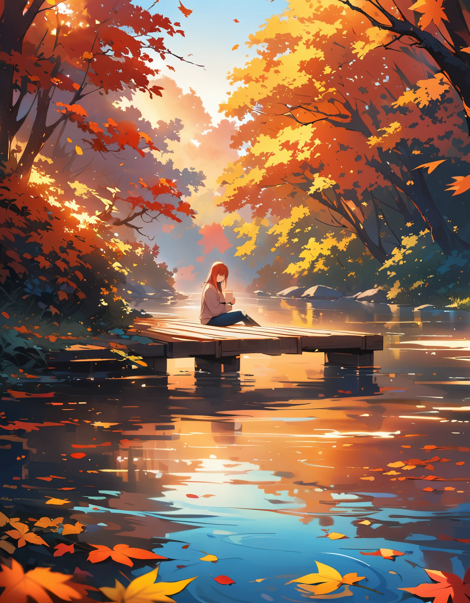 (best quality,4K,8K,High resolution,masterpiece:1.2),super detailed,actual,autumn scenery,Girl reflected in the lake,colorful leaves,floating in water,Golden sunlight shines through the trees,peaceful atmosphere,The girl's expression was calm&#39;s face,red and orange hues,Deep red reflection on the lake,breeze，leaves rustling,Ripples on the water,Warm sweater and jeans,Holding a cup of hot tea,Fallen leaves covered the ground,Small wooden pier extending into the lake,Soft lighting illuminates the scene,The endless trees against the blue sky and white clouds,peaceful atmosphere,get along with nature.