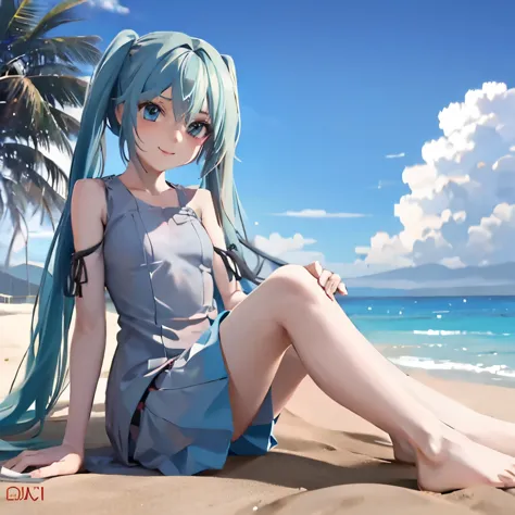 Hazme un dibujo de hatunse Miku, en una playa,sonriendo,jugando con la arena,while sitting in the sand,8k, calidad superior,cara...