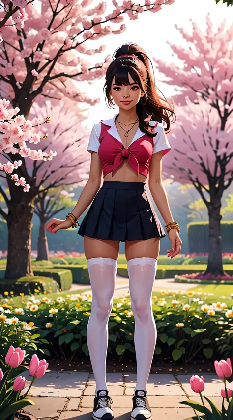 Ultra-detailed, 1 fille maigre debout sous un cerisier en fleurs dans un jardin animé, Surrounded by colorful flowers. Elle a un...