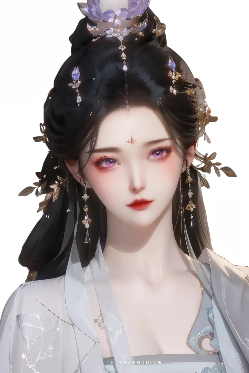 （best quality，masterpiece：1.2），ultra high resolution，realistically，front lighting，intricate details，Exquisite details and textures，（1 girl），alone，upper part of body，Purple Hanfu，好漂亮的big eyes，purple dress，Petal decoration，pretty face，Face the audience，ribbon，gossamer，（young），facial highlights，Detailed production，tear nevus，White skin，silver hair，high ponytail，looking at the audience，big eyes，（hollow pattern），ear nipple ring，fit，White background，right hand，professional lighting，photon mapping，radio city，Physically based rendering
