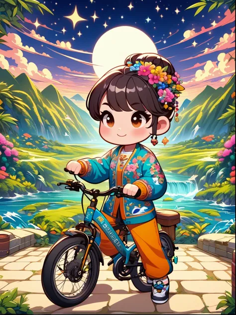 (1 girl riding a mountain bike along the coastline chasing the sun), in the Stars Art Troupe (Stars) style, cheerful figurative art, free flowing lines, style bright bold color palette, post-Internet aesthetics, color animation static, travel, romantic ill...