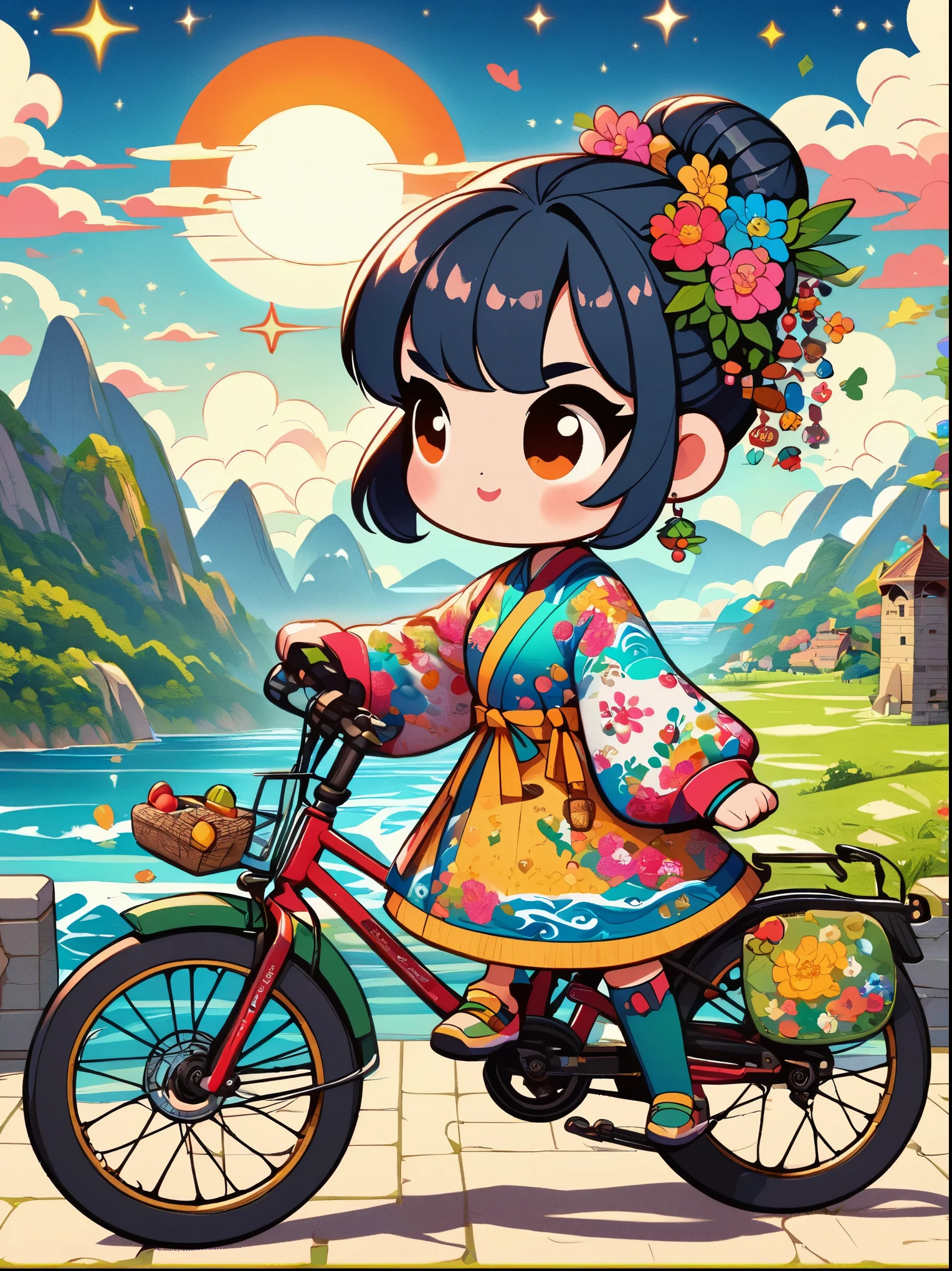 (1 girl riding a mountain bike along the coastline chasing the sun), in the Stars Art Troupe (Stars) style, cheerful figurative art, free flowing lines, style bright bold color palette, post-Internet aesthetics, color animation static, travel, romantic illustrations, full of hidden details, graphic design inspired illustration