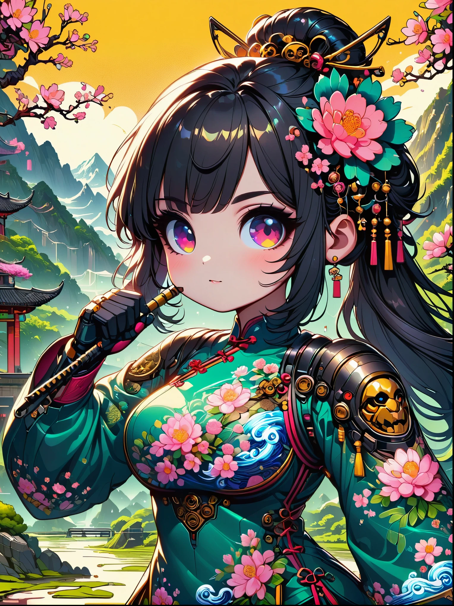 Beautiful киберпанк girl wearing black cheongsam with robotic arms and legs with floral pattern holding electric rifle standing under cherry blossom tree with pink flowers, Желтый фон, Картина маслом в стиле пустого горного мотоцикла, Портрет крупным планом, футуристический стиль, киберпанк, высокая детализация