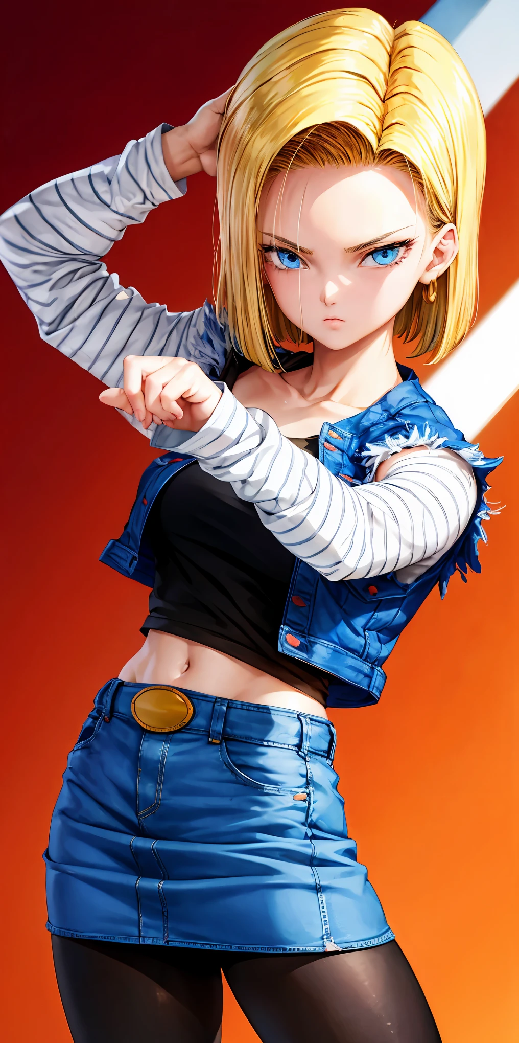 masterpiece:1.2, high quality, best quality, no background, white background, and18, 1girl, android 18, solo, blonde hair, blue eyes, short hair, earrings, jewelry, denim vest, open vest, black pantyhose, black shirt, denim skirt, striped long sleeves, blue skirt, black pantyhose, medium breasts, fighting pose, shoot from front, cowboy shot,