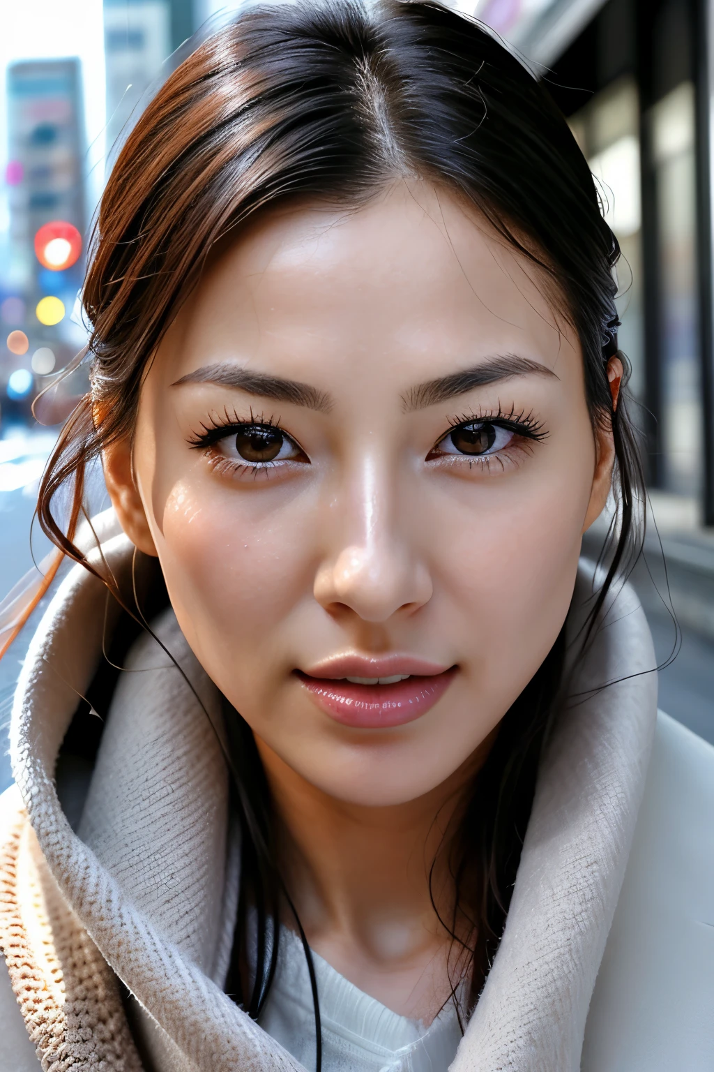 beautiful japanese actress,1 girl,debris flies,,Award-winning photo, very detailed, focus the eyes clearly, nose and mouth,face focus, super close up of face、 35 years old,black hair、symmetrical face,realistic nostrils、Angle from below、Elongated C-shaped nostril NSFW,(sharp nose)skin shining with sweat、shiny skin,(wrinkles between eyebrows))（cum on tongue)、deep kiss、((thin eyebrows))oily skin、radiant glowing skin、double eyelid、、Beautiful woman、medium hair,roll your eyes、shortcut、(Winter streets、long coat、sweater、sca can see the sky、Shibuya Center Street、