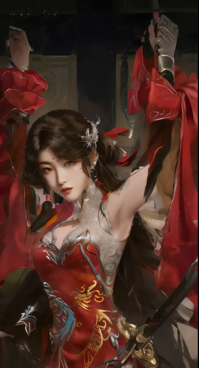 a close up of a woman in a red dress holding a sword, inspired by Du Qiong, by Yang J, inspired by Ju Lian, bian lian, inspired by Li Mei-shu, extremely detailed artgerm, by Qu Leilei, inspired by Lan Ying, beautiful character painting, inspired by Li Tang, ruan jia and artgerm