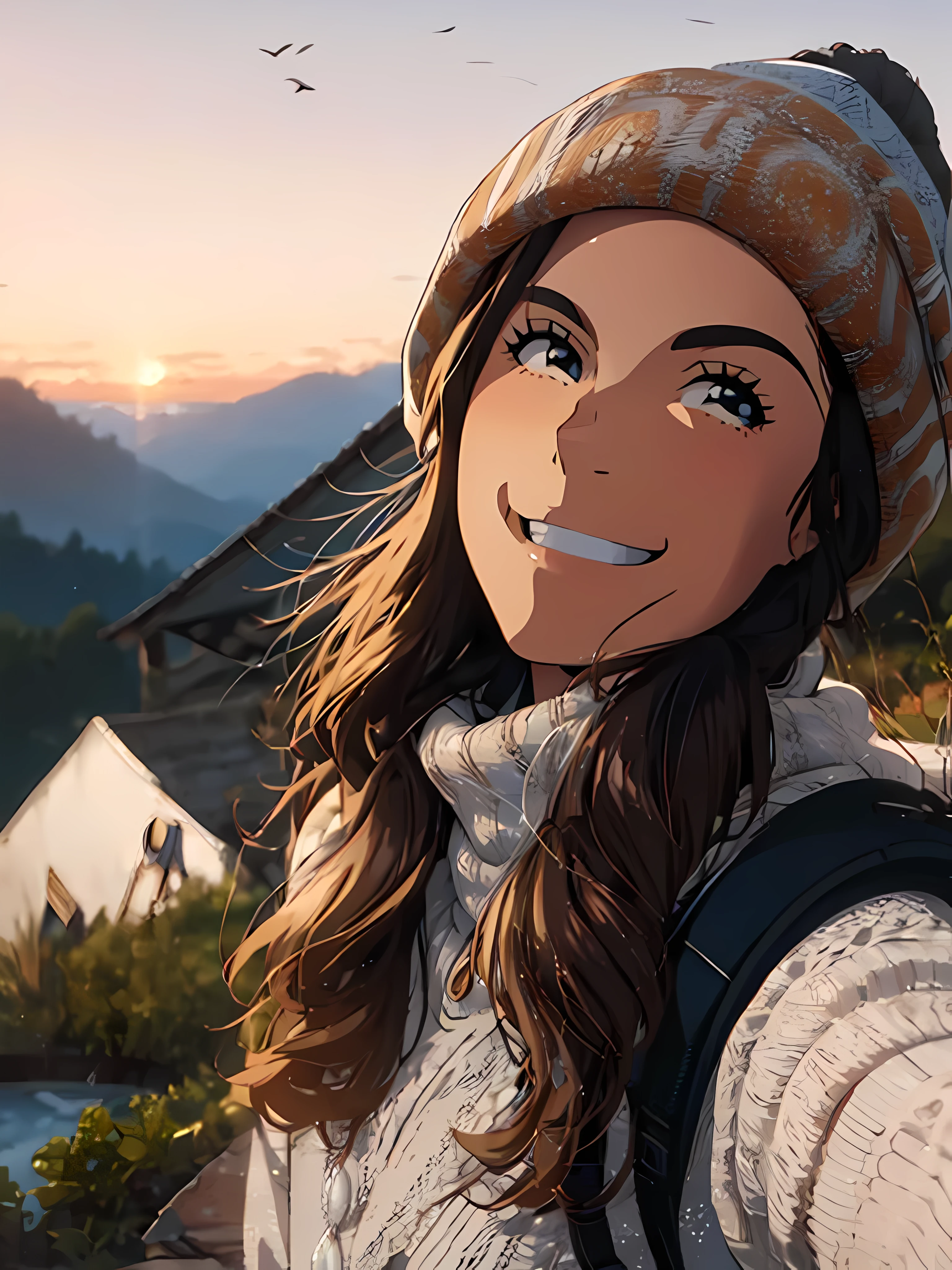 Alafid woman with backpack taking selfie at sunset, Perfect portrait composition, beautiful and smiling, warm and gentle smile, beautiful smile, Beautiful face under backlight, extremely beautiful face, good looking face, Beautiful face woman, , smiling young woman, attractive girl, high quality 4k , beautiful charming face, Perfect smile,  4k