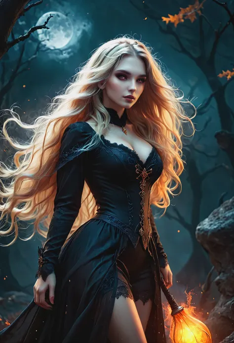 Blonde with long hair, witch, in Dark Fantasy, full height