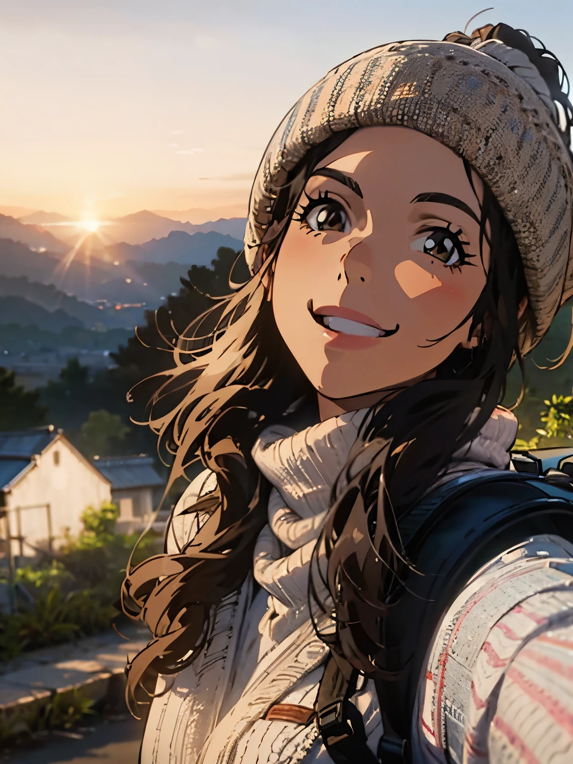 Alafid woman with backpack taking selfie at sunset, Perfect portrait composition, beautiful and smiling, warm and gentle smile, beautiful smile, Beautiful face with backlight, extremely beautiful face, good looking face, Beautiful face woman, , smiling young woman, attractive girl, high quality 4k , Gorgeous and charming face, Perfect smile,  4 k