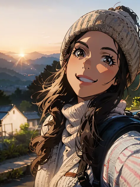 Alafid woman with backpack taking selfie at sunset, Perfect portrait composition, beautiful and smiling, warm and gentle smile, ...