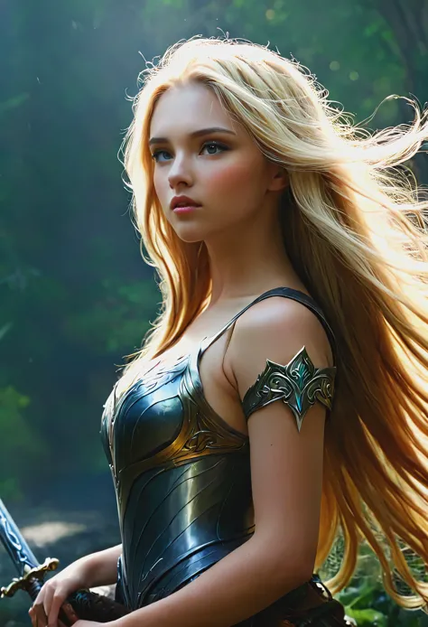 blonde with long hair, an epic fantasy