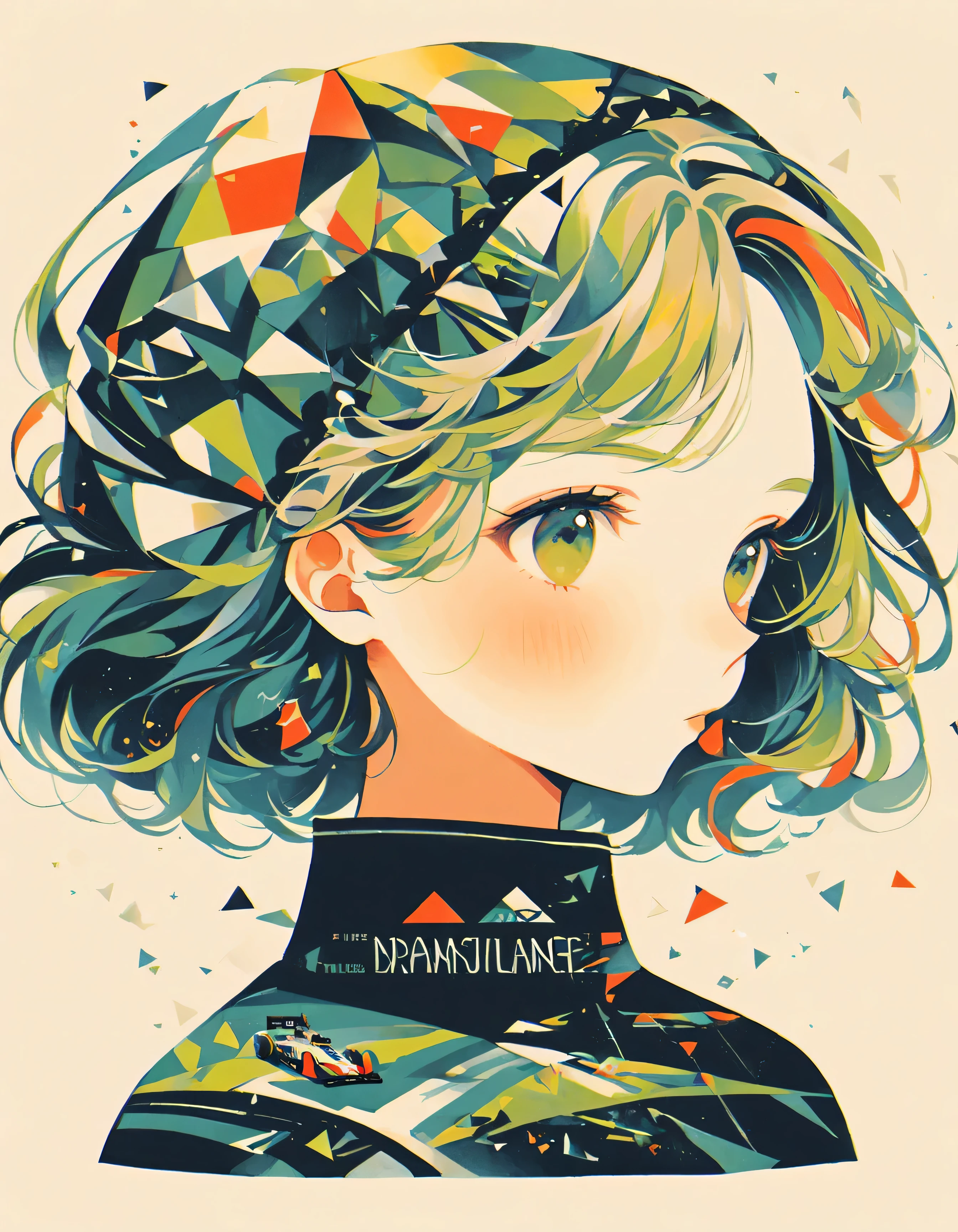 (long shot: 1.8), (masterpiece, highest quality: 1.2), (planar vector: 1.3), artistic concept illustration, Minimalism, maximalist style, (F1 racing), (racing), A girl&#39;s head decorated with lots of colorful F1 racing cars and trophies, flag, Hair decorated with lace and track elements, Decorated with various patterns and fonts (Neck fused with scattered racing tracks), (sports trail), rainbow lane fantasy illustration, Evoke the charm of crazy racing. The background blends into the hair, Combining portrait and lace elements, used for imaginative illustrations, dream concept,