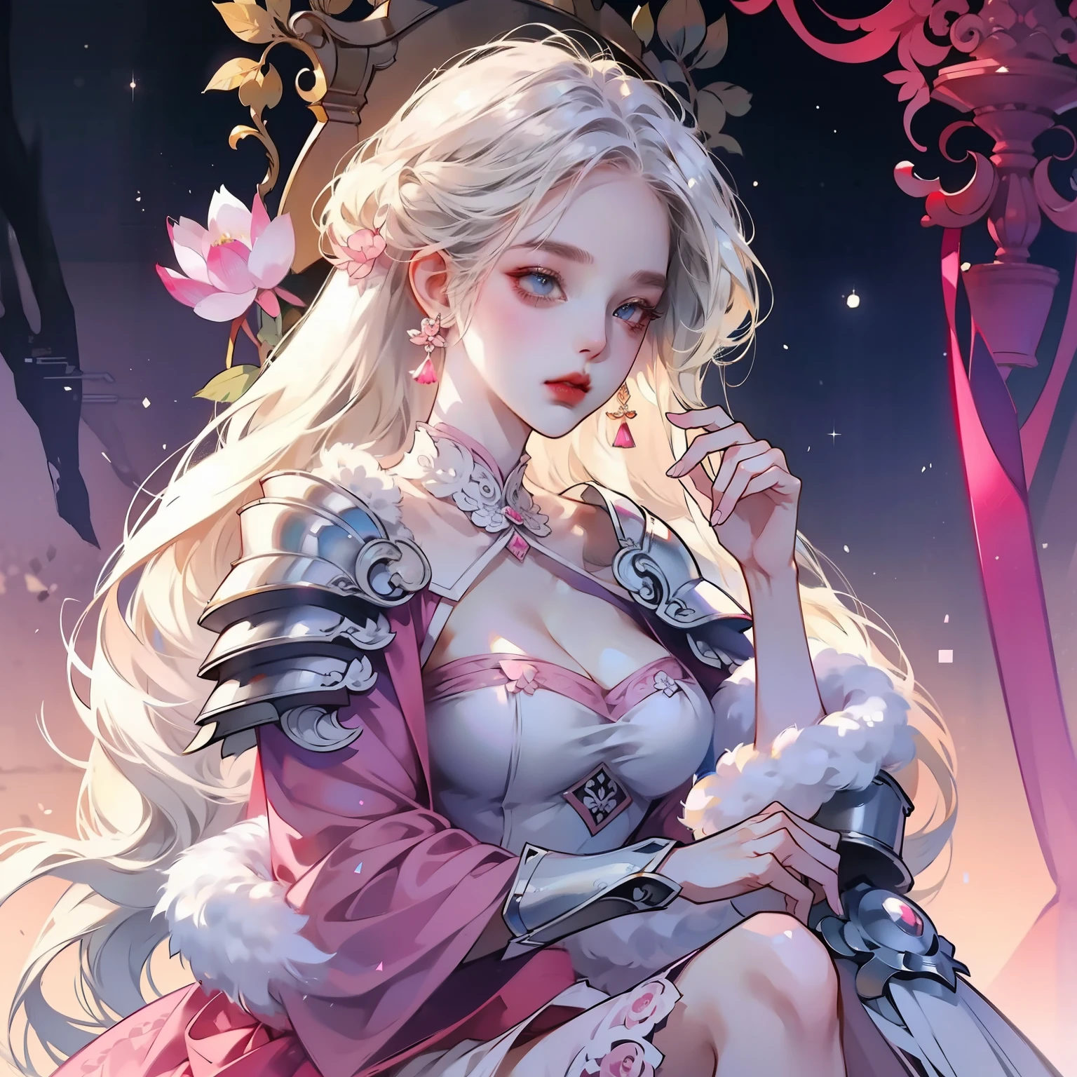 eine sexy Frau in einem Rüstungsrock aus weißgoldener und rosa Lotusspitze, chengwei pan on artstation, von Yang J, detaillierte Fantasy-Kunst, atemberaubende Charakterkunst, fanart best artstation, epische exquisite Charakterkunst, schöne Rüstung, extrem detailliertes Artgerm, Detaillierte digitale Anime-Kunst, artgerm on artstation pixiv, rüstung mädchen, Dekolleté große Brüste:1.2, (Minirock:1,5)