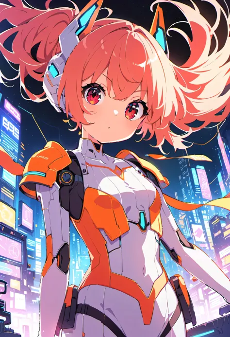 (software), intricate details, 1 girl, night, (bright neon colors), ((Fly over a futuristic cyberpunk city)), detailed background, (petite cyborg girl, ((cute perfect face, bright red eyes)), (perfect anatomy,  perky chest), (Super long hair with orange an...