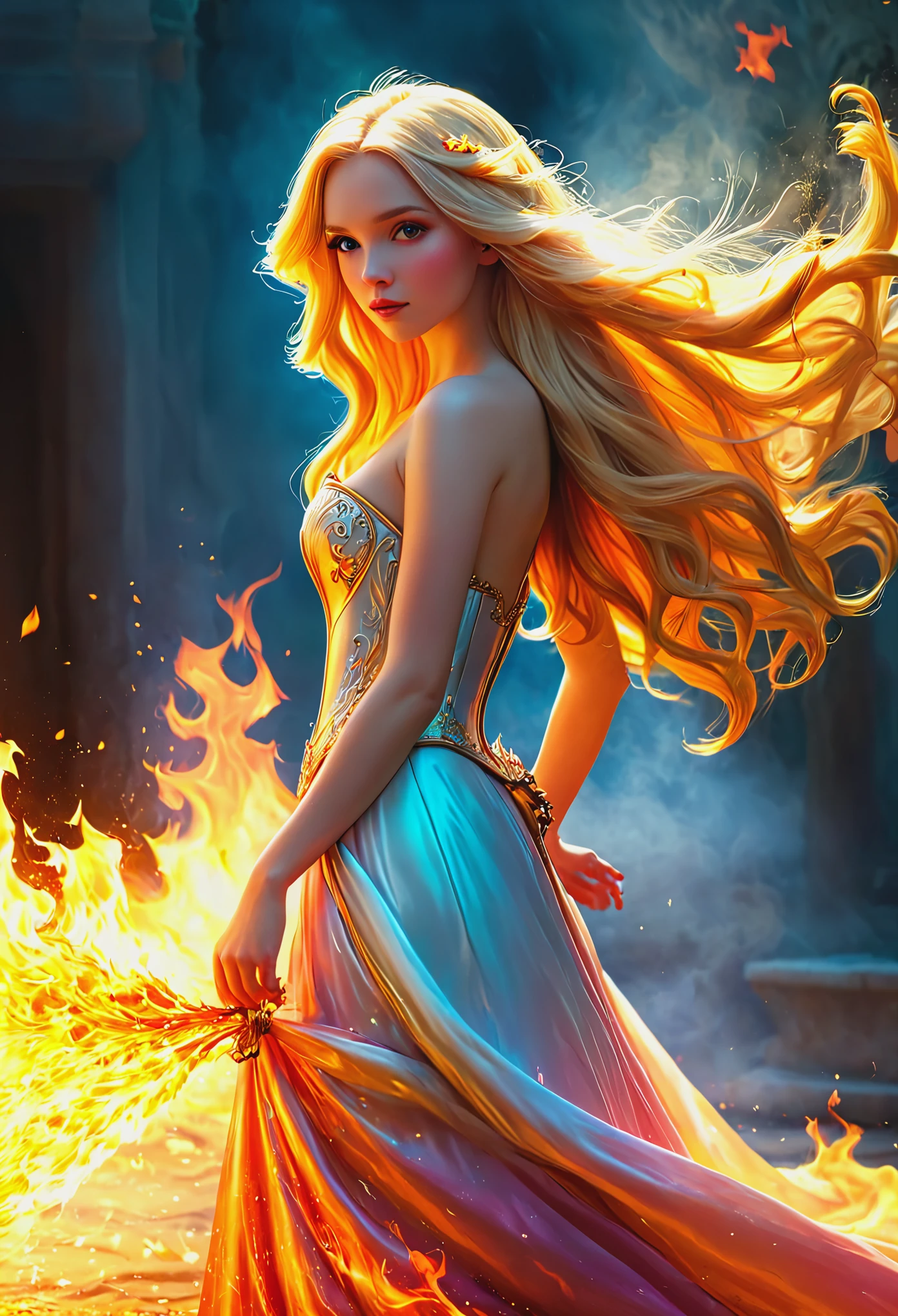 شقراء ذات شعر طويل ترتدي زي أميرة كامل الطول غارقة في النار