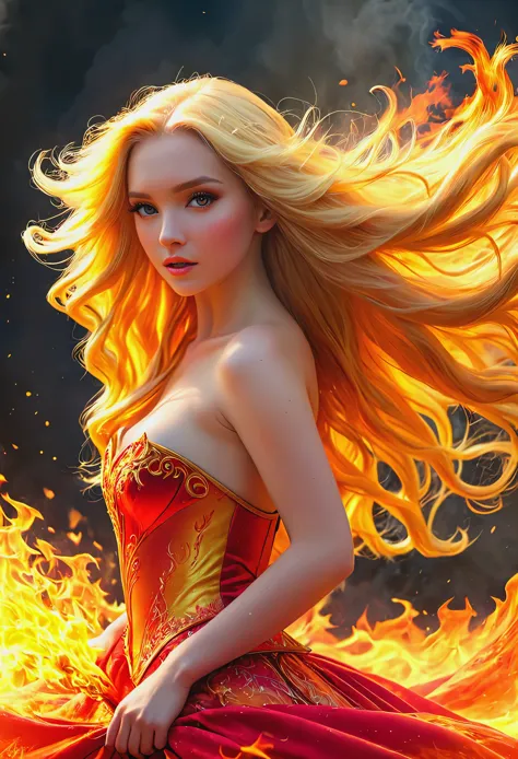 blonde with long hair in a princess outfit full-length engulfed in fire