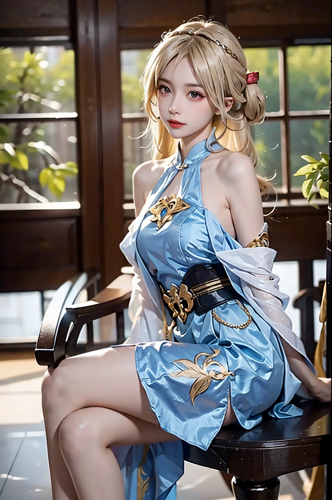 yinziping,china dress, ((full body)), Shot from random angles, 22-year-old Japanese model, Slim, thin waist, curls, Jie Kang , ((bare shoulders)), ((The skirt is short)), high waist, nice belt, blond hair, warm light, Warm toned slender legs, cross legs, in the classroom, sitting on the table in the classroom, warm light, warm color palette, dynamic poses, pose elegantly, blonde hair, striped hair, hair accessories, heart shaped pupils, cosmetic, faint smile, Shy, lick lips, romanticism, Social realism, chiaroscuro, motion blur, relief, Sony FE General Manager, ultra high definition, masterpiece, textured skin, Super details, best quality