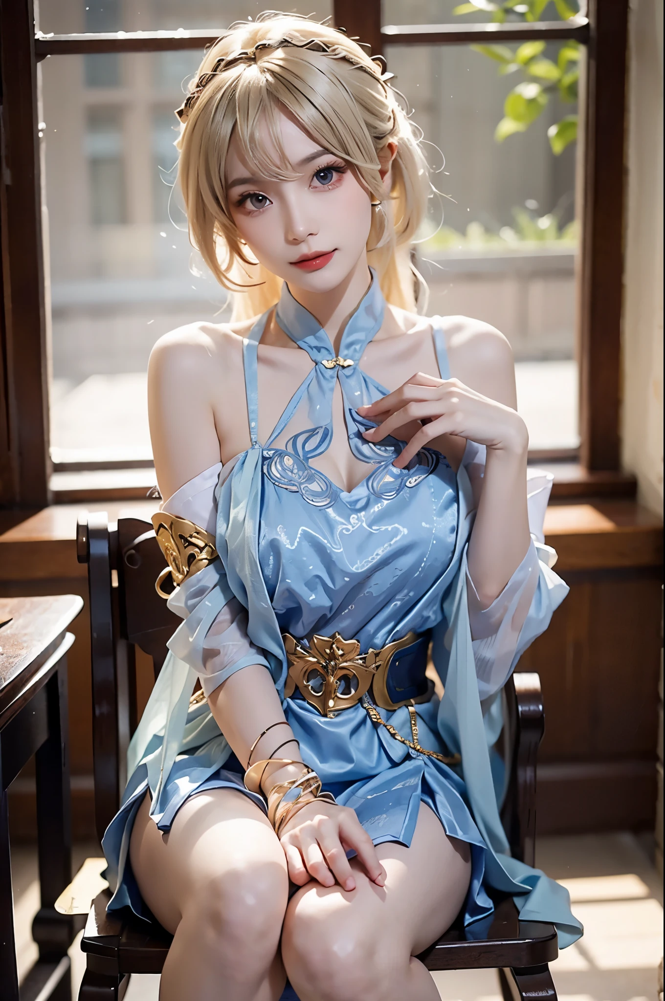 yinziping,china dress, ((full body)), Shot from random angles, 22-year-old Japanese model, Slim, thin waist, curls, Jie Kang , ((bare shoulders)), ((The skirt is short)), high waist, nice belt, blond hair, warm light, Warm toned slender legs, cross legs, in the classroom, sitting on the table in the classroom, warm light, warm color palette, dynamic poses, pose elegantly, blonde hair, striped hair, hair accessories, heart shaped pupils, cosmetic, faint smile, Shy, lick lips, romanticism, Social realism, chiaroscuro, motion blur, relief, Sony FE General Manager, ultra high definition, masterpiece, textured skin, Super details, best quality