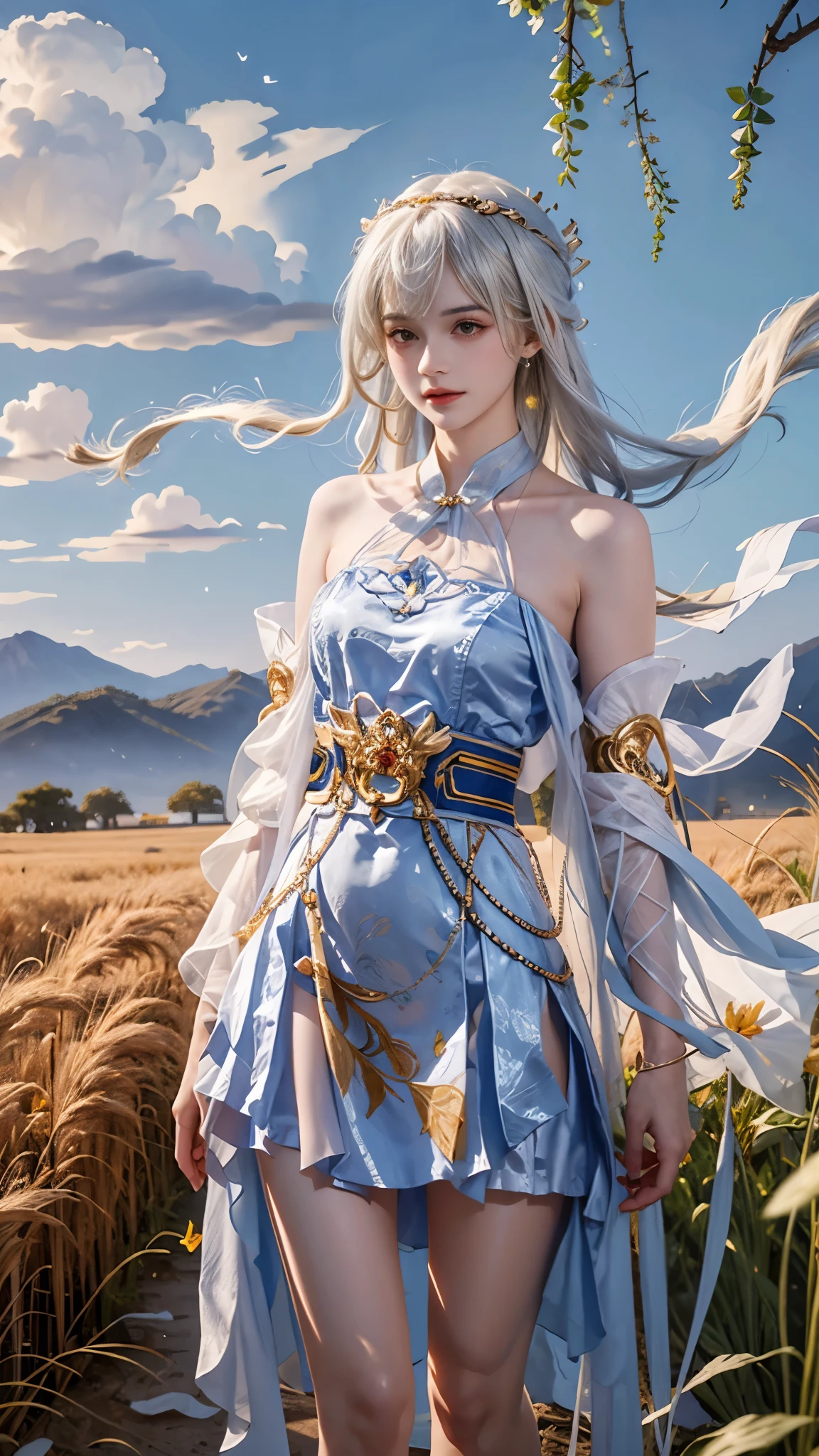 yinziping,china dress, masterpiece，best quality，high quality，High definition，high quality的纹理，high quality的阴影，High details，beautiful details，fine details，Extremely detailed CG，Detailed texture，lifelike面部表现，lifelike，rich and colorful，exquisite，sharp focus，(intricate detailake up，pureerosface_v1:0.5)，(Beautiful details, exquisite face，(Beautiful details, exquisite eyes)，Perfectly proportioned face，highDetails of the skin，Details of the skin，Four fingers and one thumb in optimal proportions，emaciated:1.3)，1 girl，17 years old，high，(Smooth abdominal muscles:1.55)，(abdominal muscles:0.5)，pretty，Perfect，high，((bare shoulders)), ((The skirt is short)), (long legs)，(straight legs)，(thin waist)，((White skin))，White skin，((White skin))，(emma watson)，Big breasts，((Caucasian))，light blonde hair，Stand with legs apart，looking at the audience，whole body，Portrait of cute blonde girl，((Standing in the wheat field,Look into the distance))，bloom，orange mist，sports，Wisps of hair，lifelike，high quality渲染，amazing art，high quality，film texture，Fujifilm XT3，dream