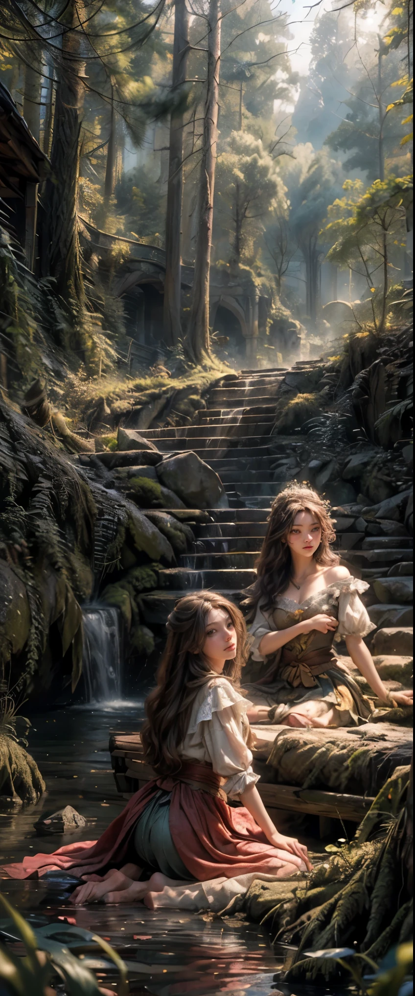 ((masterpiece, highest quality, Highest image quality, High resolution, photorealistic, Raw photo, 8K)), two princesses finding a map, 