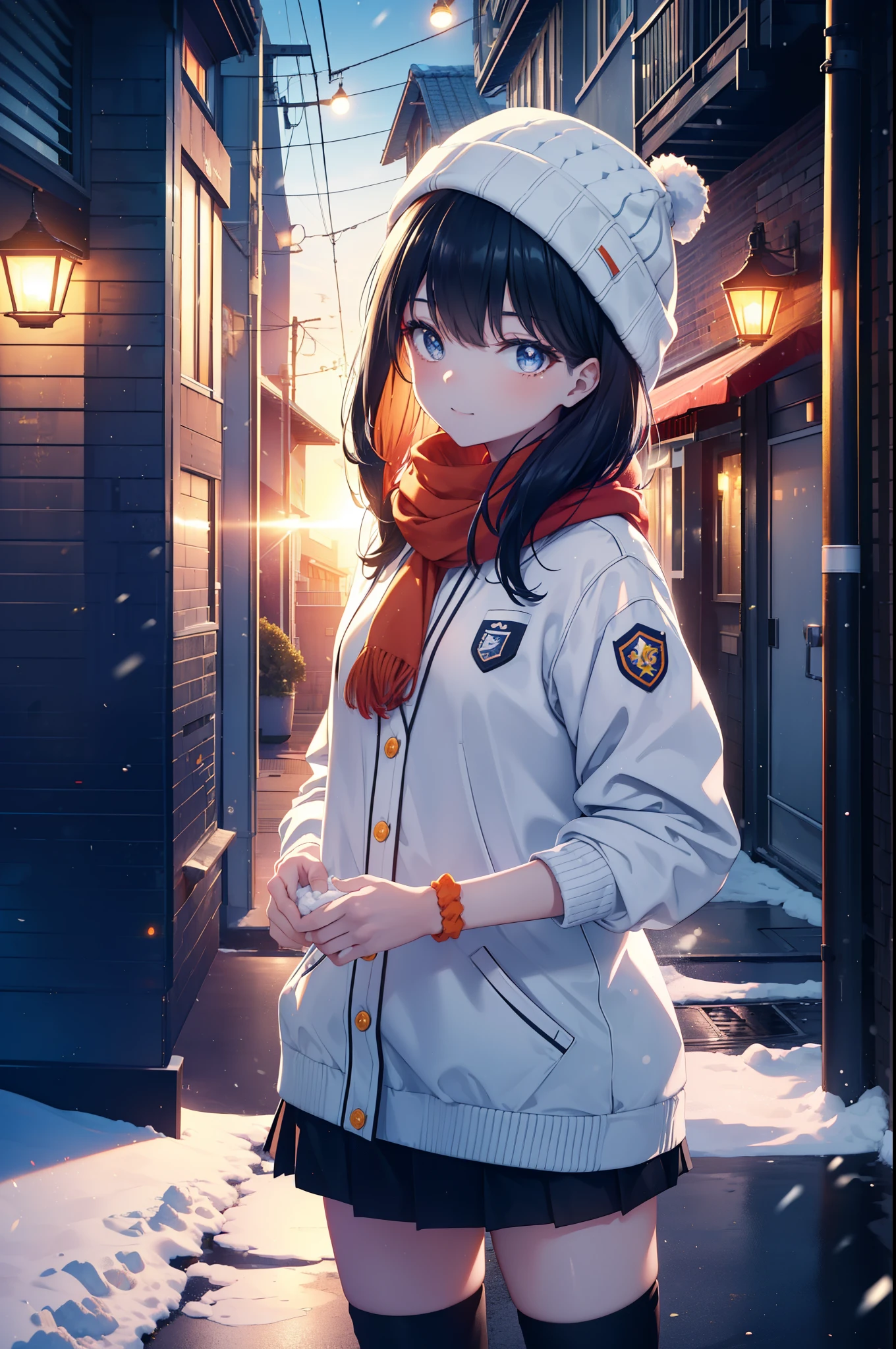It&#39;s a good body, Rikka Takarada, black hair, blue eyes, long hair, orange Scrunchie, Scrunchie, wrist Scrunchie,knit hat happy smile, smile, open your mouth,Red Scarf,white fluffy long coat, turtleneck, black long skirt,short boots,winter,snow is falling,It&#39;s snowing,evening,夕日
BREAK indoors,In town,residential street,
BREAK looking at viewer, (cowboy shot:1.5),
BREAK (masterpiece:1.2), highest quality, High resolution, unity 8k wallpaper, (figure:0.8), (detailed and beautiful eyes:1.6), highly detailed face, perfect lighting, Very detailed CG, (perfect hands, perfect anatomy),