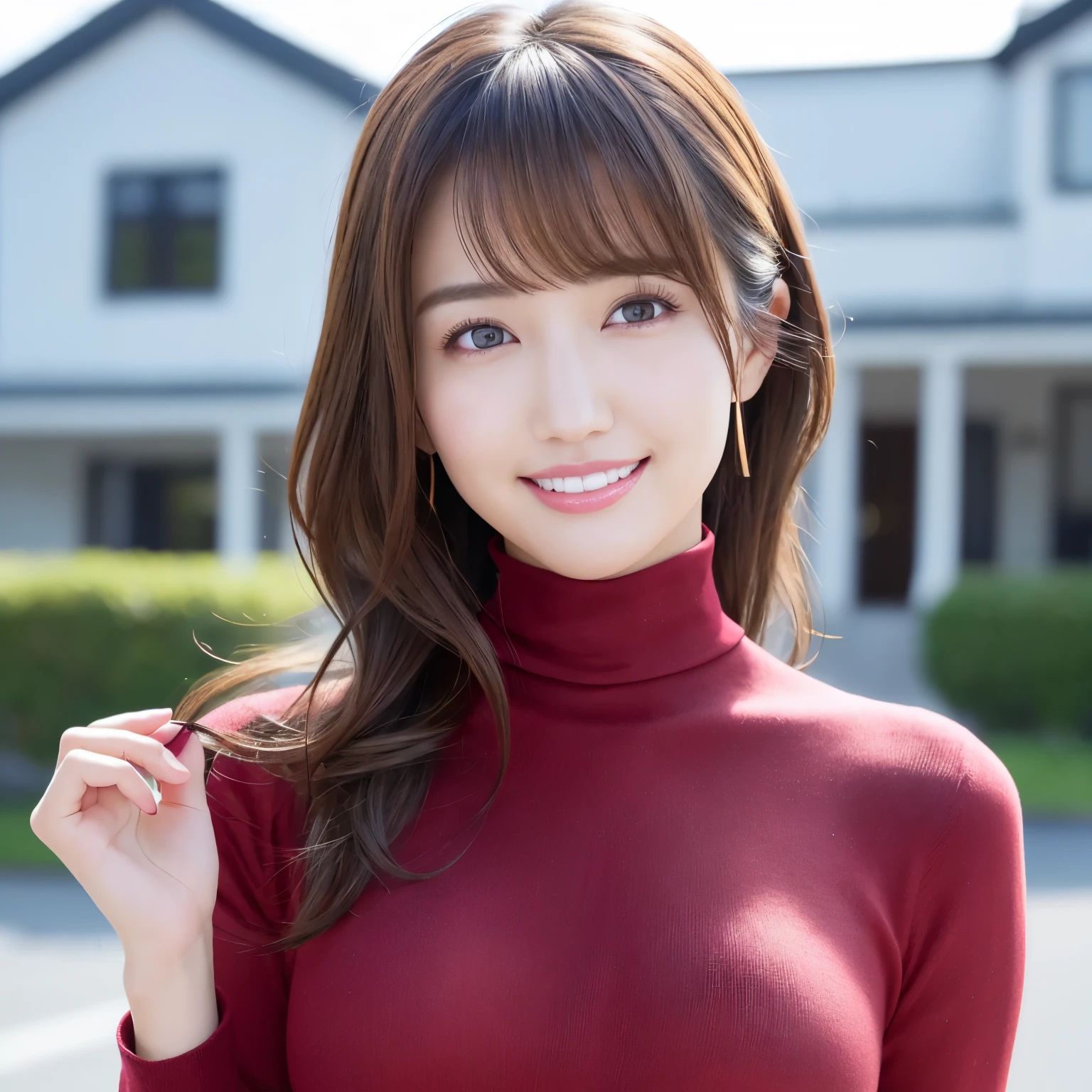(highest quality、table top、8K、best image quality、Award-winning work)、one beautiful woman、25 years old、(Fixed front configuration:1.1)、(Close-up of face from the front:1.1)、(big and full breasts:1.1)、(emphasize body line:1.1)、(Perfect dark red turtleneck tight knit sweater:1.3)、look at me and smile、(Strongly blurred new house background:1.1)、natural makeup、With bangs、long hair、Ultra high definition beauty face、(Super high resolution perfect beautiful perfect teeth:1.2)、ultra high definition hair、(Super high-definition sparkling eyes:1.1)、Super high resolution glossy lips、accurate anatomy、(very bright and vivid:1.3)