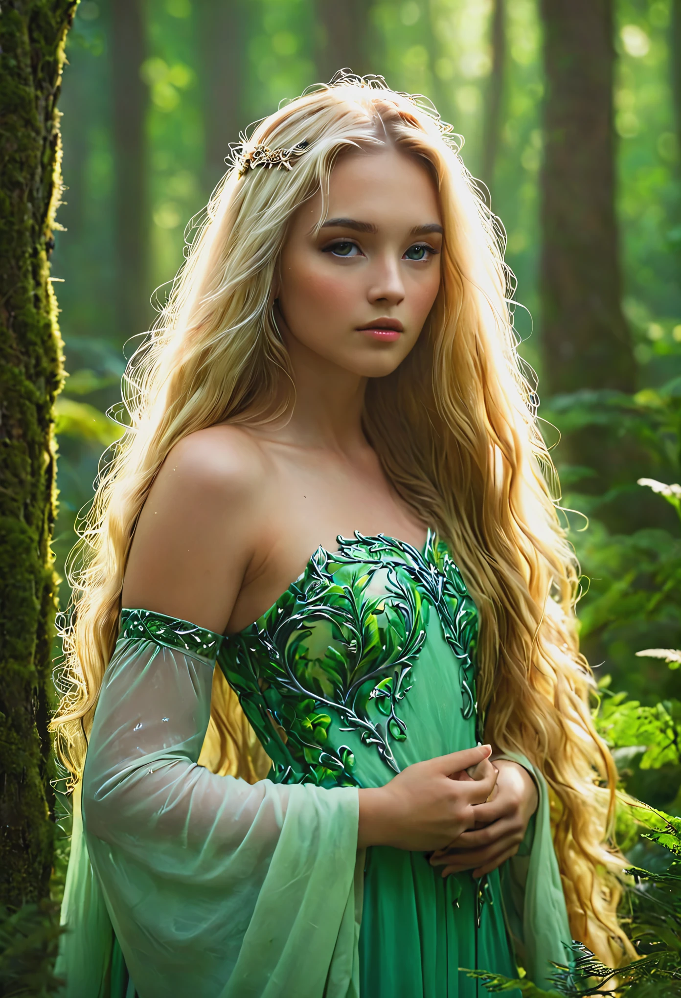 Blondine mit langen Haaren Wächterin des Waldes