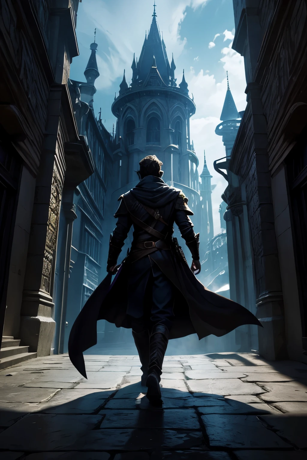 "Create a fantasy book cover for 'The Chronicles of Cole Winterbourne: Shadow's Embrace,' featuring a mysterious protagonist amidst a magical world of shadows and intrigue."