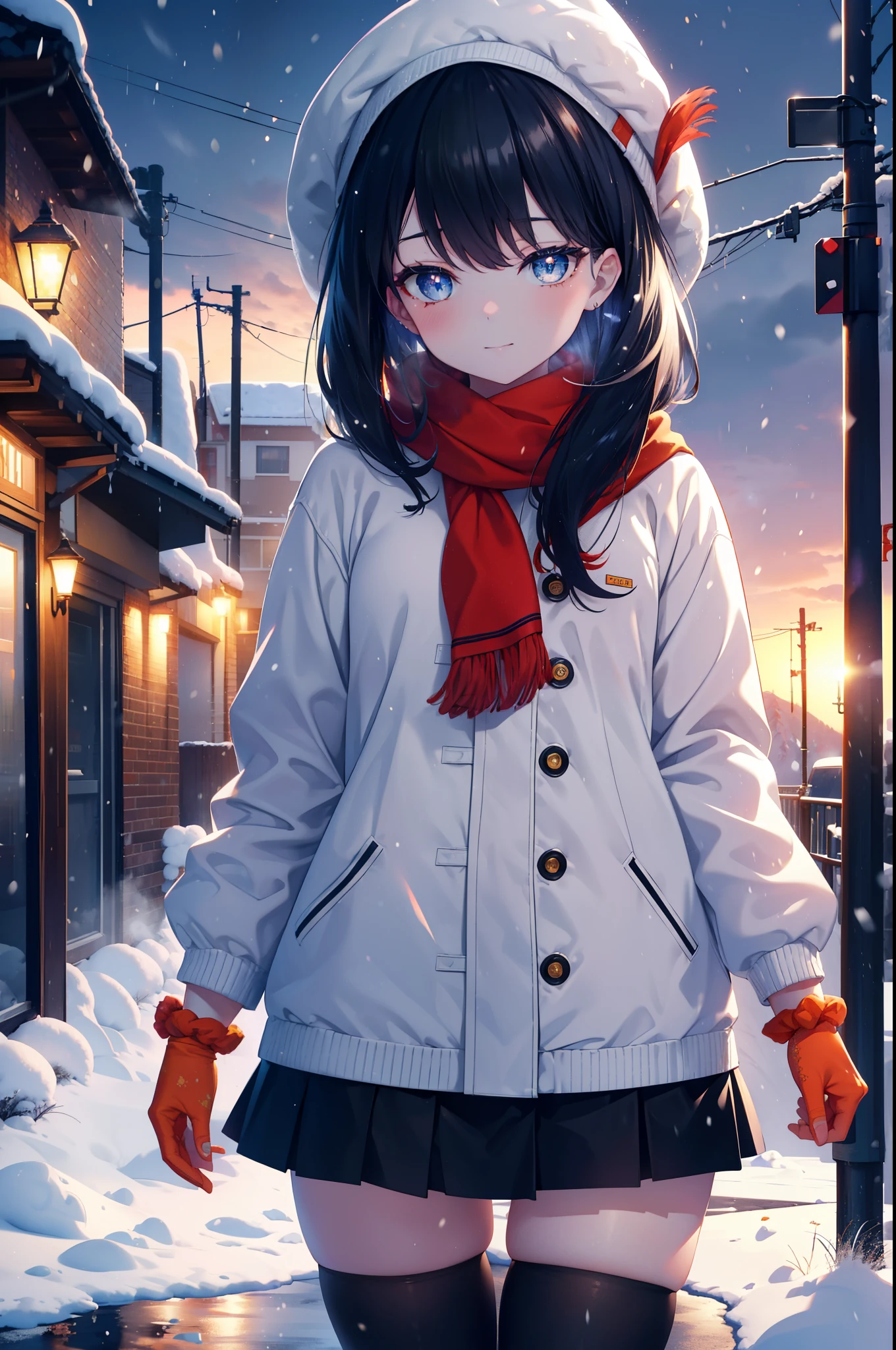 It&#39;s a good body, rikka takarada, black hair, blue eyes, long hair, orange Scrunchie, Scrunchie, wrist Scrunchie,knit hat happy smile, smile, open your mouth,Red Scarf,white fluffy long coat, fluffy red gloves,turtleneck, black long skirt,black pantyhose,short boots,winter,snow is falling,It&#39;s snowing,evening,夕日
break outdoors,In town,residential street,
break looking at viewer, (cowboy shot:1.5),
break (masterpiece:1.2), highest quality, High resolution, unity 8k wallpaper, (figure:0.8), (detailed and beautiful eyes:1.6), highly detailed face, perfect lighting, Very detailed CG, (perfect hands, perfect anatomy),