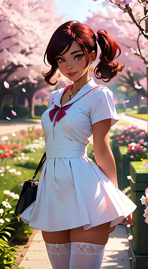 Ultra-detailed, 1 très jeune fille debout sous un cerisier en fleurs dans un jardin animé, Surrounded by colorful flowers. Elle ...