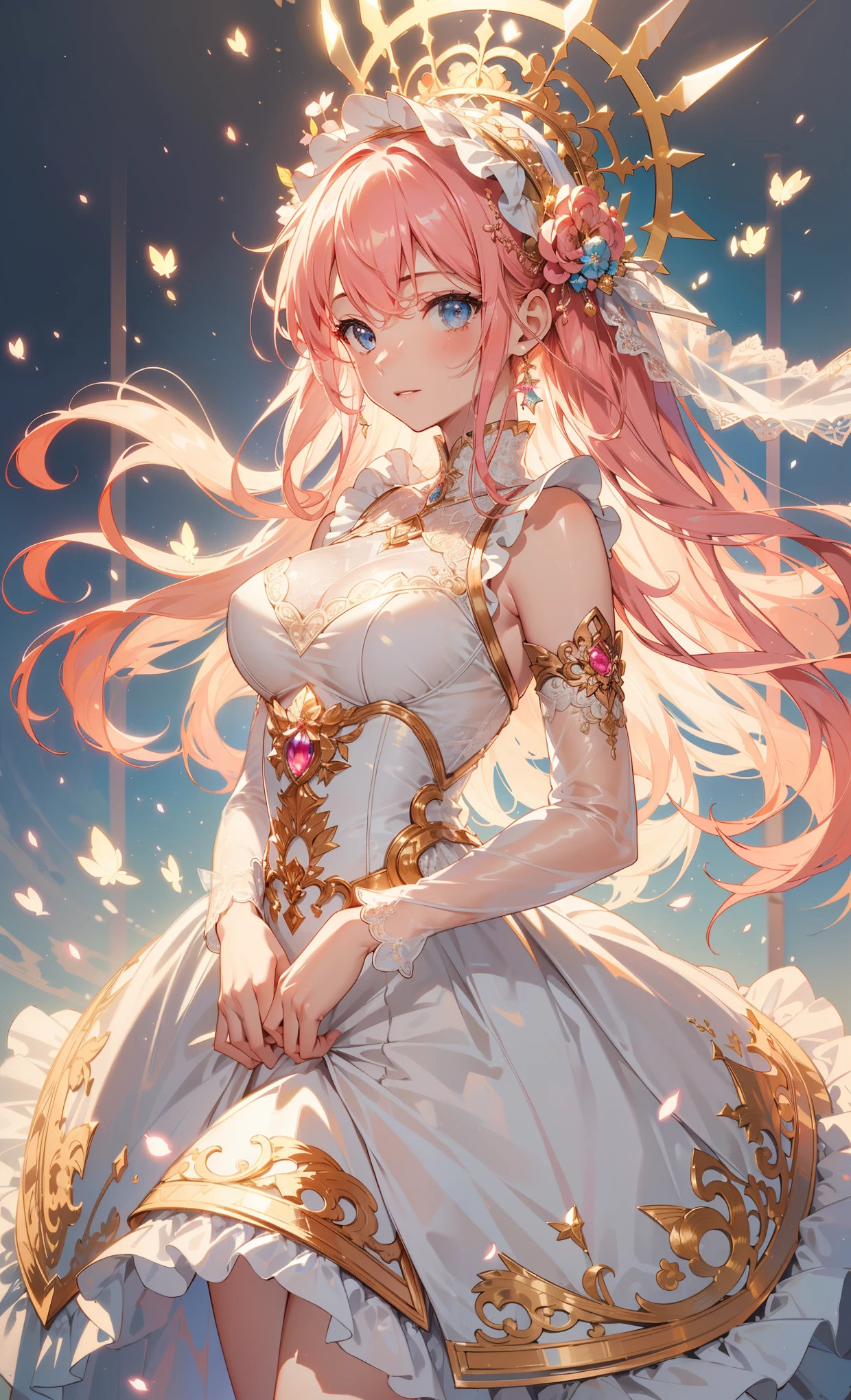(best quality, High resolution, textured skin, high quality, high detail,Extremely detailed CG unification),teenage girl，obsessed，divine happiness，in love，having fun，(Heavenly Maxi and Ballgown Combinations)，pink hair，blue eyes，(fabric headwear minimalism，multi-layered ruffles，lace，exquisite embroidery，Exquisite patterns，Fabric headwear，dress nicely，sheer transparent clothes，bedroom，Sparkling Light，(Looks like it&#39;s covered by a transparent skirt:1.1)，Light，night，the only person，Fluttering skirts，Exquisite and beautiful face，dynamic angle
