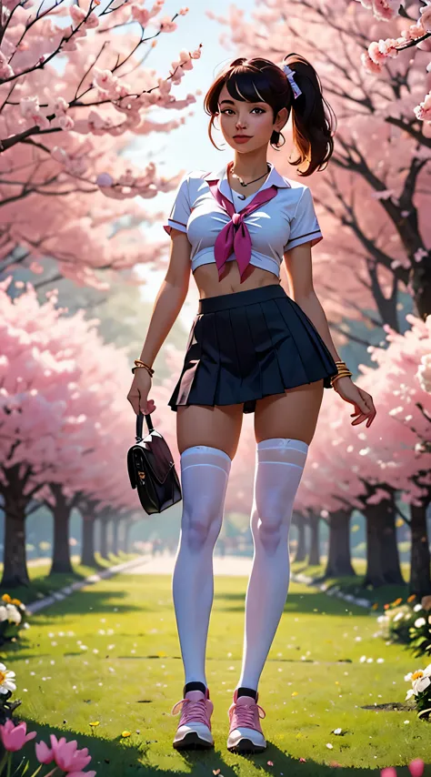 Ultra-detailed, 1 fille maigre debout sous un cerisier en fleurs dans un jardin animé, Surrounded by colorful flowers. Elle a un...