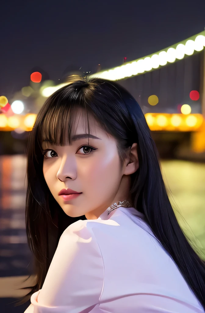 portrait, 8K, high quality, realistic photo images, girl, black hair, High resolution, City of night, background bokeh