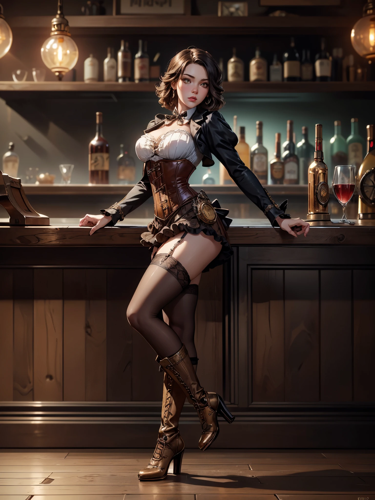 1girl, young woman sitting near ((bar counter)) in ((steampunk western saloon)), wearing ((red steampunk corset)), ((black steampunk petticoat)), ((white steampunk stockings)), ((high steampunk boots on heels)), makeup, ((steampunk style)), seductive, sexy, hot, sultry, shapely, full body render, fine detail, highest quality, skin texture, intricate details, (cinematic lighting), RAW photo, 8k, perfect face, perfect body, beautiful, hyperrealism, trending on artstation