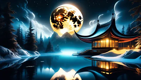 dark fantasy nature reflection illustration, Awe and spectacular scenery, Focusing on black and gold color glow painting, Flying...