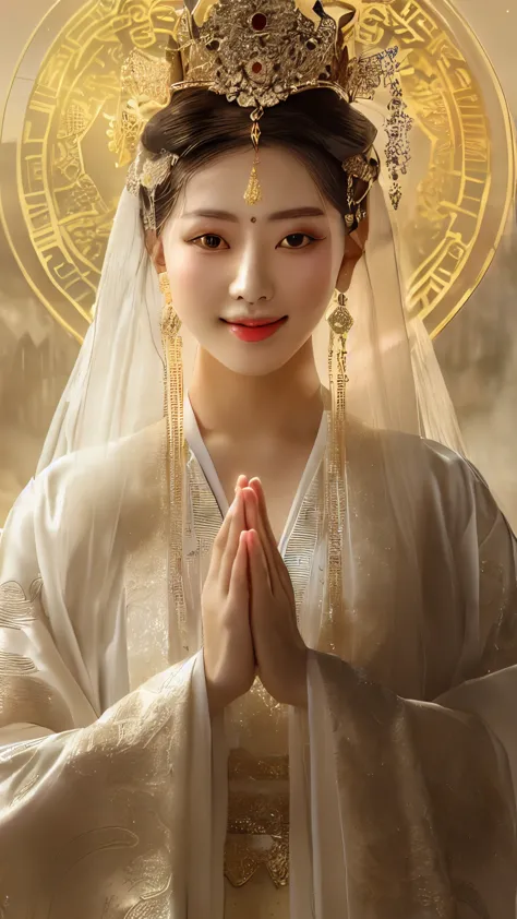 wearing white dress、alafid woman wearing crown and golden clock, beautiful fantasy queen, portrait of a beautiful goddess, palac...