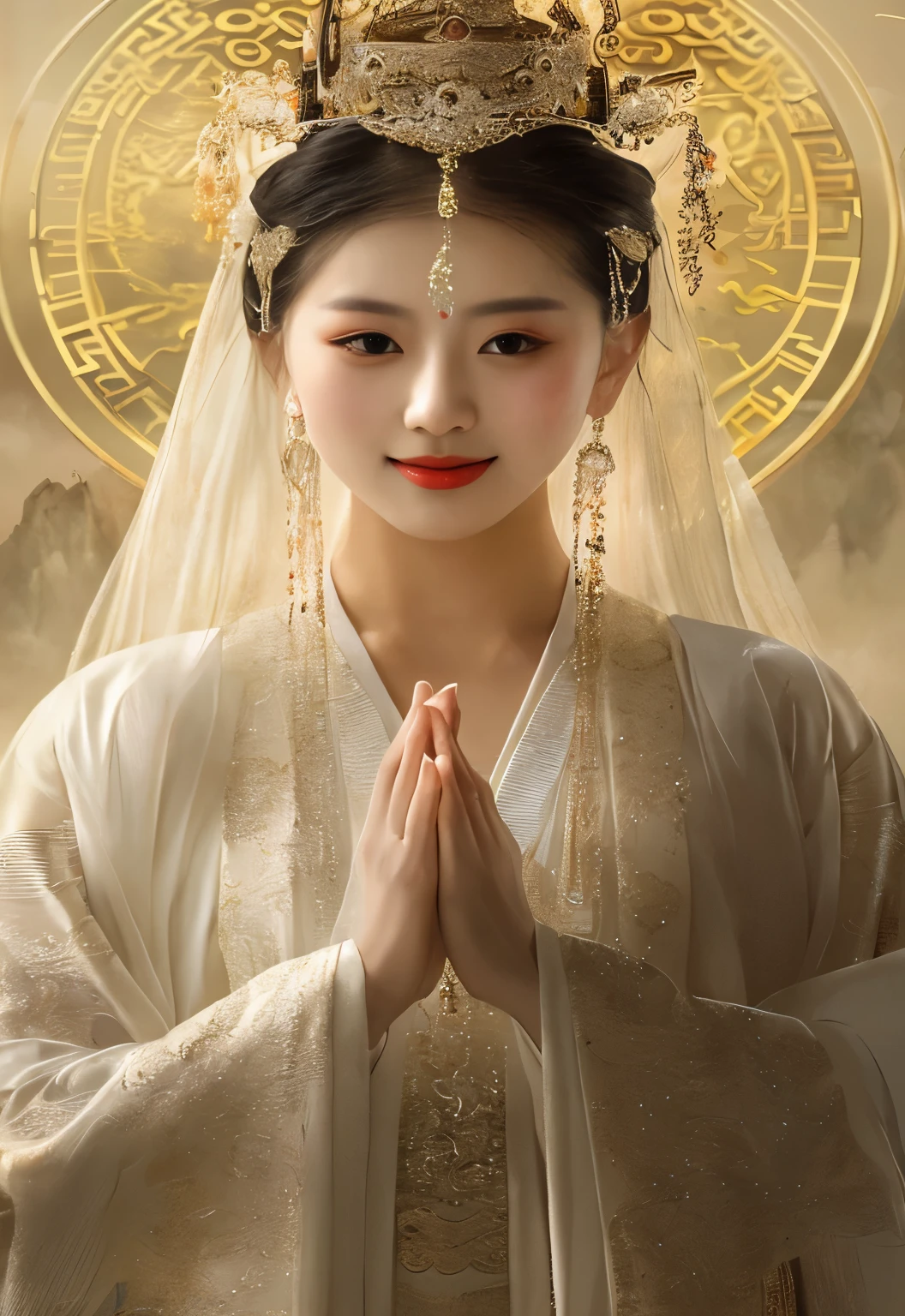 wearing white dress、Alafid woman wearing crown and golden clock, beautiful fantasy queen, portrait of a beautiful goddess, palace ， A girl wearing Hanfu, beautiful goddess, 令人惊叹的goddess portrait, white hanfu, chinese princess, Chinese goddess, ((beautiful fantasy queen)), beautiful oriental woman, goddess portrait, chinese woman