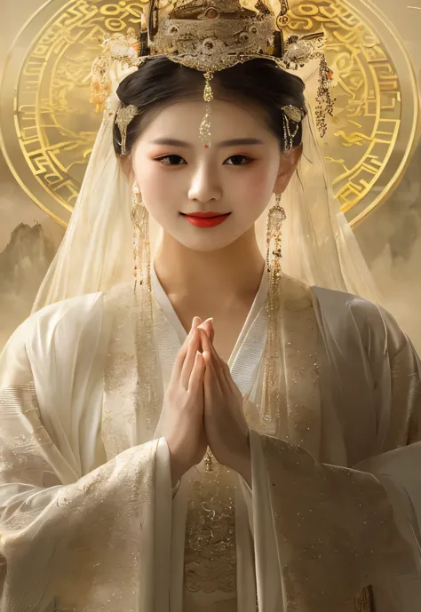 wearing white dress、alafid woman wearing crown and golden clock, beautiful fantasy queen, portrait of a beautiful goddess, palac...