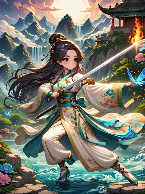 ((imagine))，((whole body))，Snow mountain sword painting method, Ancient style woman&#39;s cold ice flame sword, Holding a sword ...