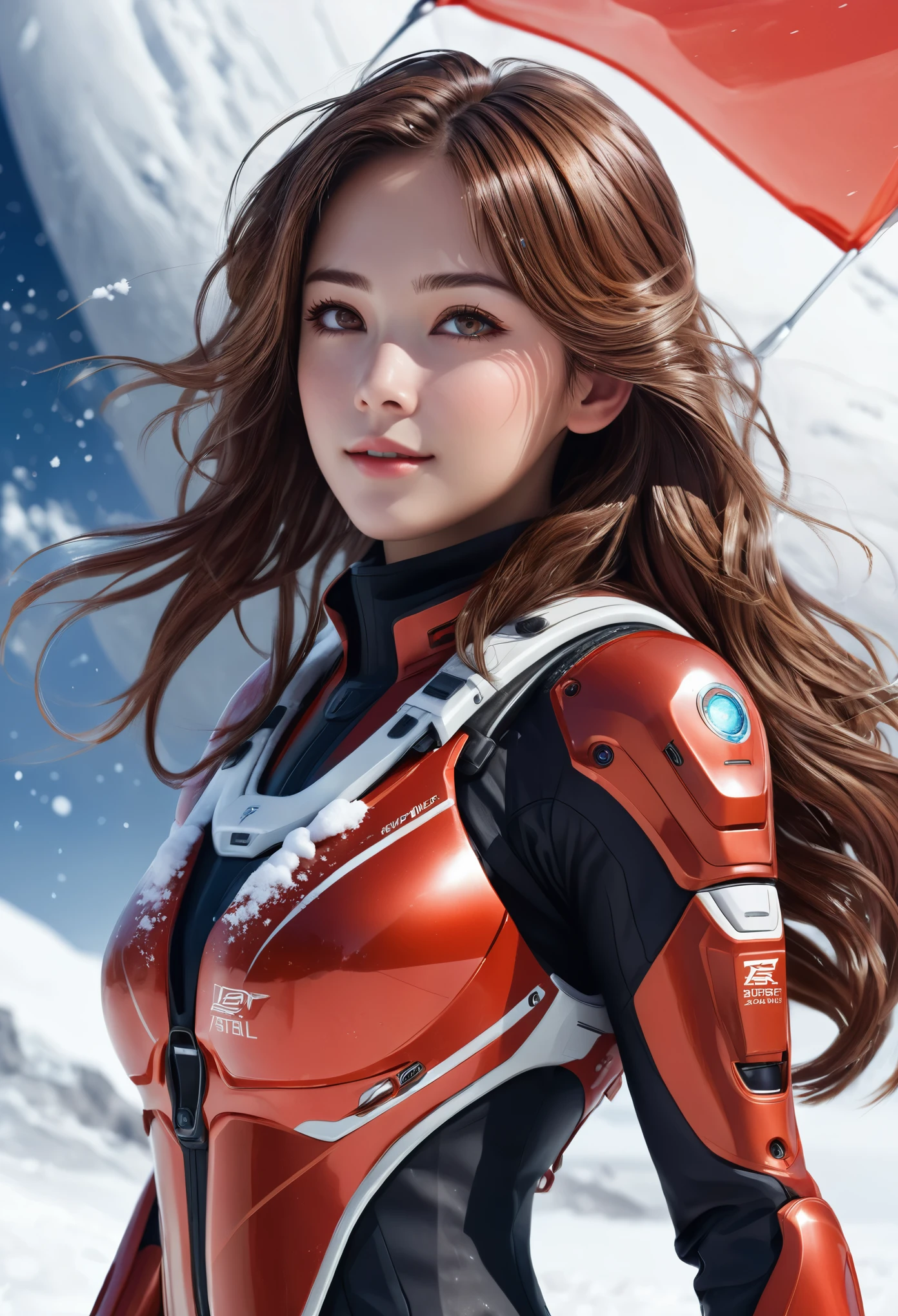 Special operation agent, futuristic tactical red suit, extra detailed, detailed anatomy, detailed face, detailed eyes, 1girls, brown_hair, long wavy brown hair, brown eyes, snow blizzard, strong wind, planet expedition, side view, looking away, futuristic kevlar suit, soft smile, high contrast