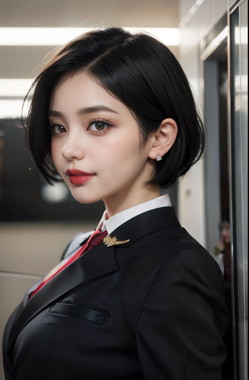 pretty girl, short hair, wearing a formal suit, tie, big breasts, sexy, lipstick, smile, beautiful eyes, black hair, neatly combed hair, red (Vatu) Behind her, combat readiness,Vatu, Cat耳, Cat collar, Cat tail, Cat,meow, full body, tail from the back, Tail from the buttocks