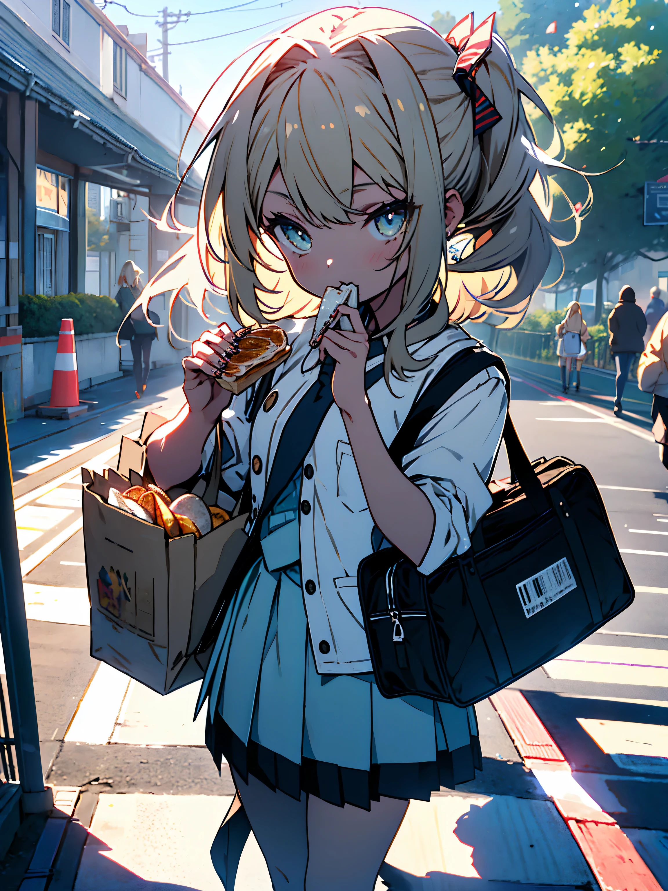 (highest quality、masterpiece、High resolution、be familiar with)、(shining eyes、be familiar with美しい顔)、(1 high school girl)、(uniform、mini skirt)、(Fair-skinned gal)、(blonde ponytail)、(put toasted bread in mouth)、(school tote bag、She wears a lot of cute accessories)、(colorful nails)、(I&#39;m in a hurry)、(sprint at full speed)、(panic)、lateness、(school zone)、(beautiful anime)