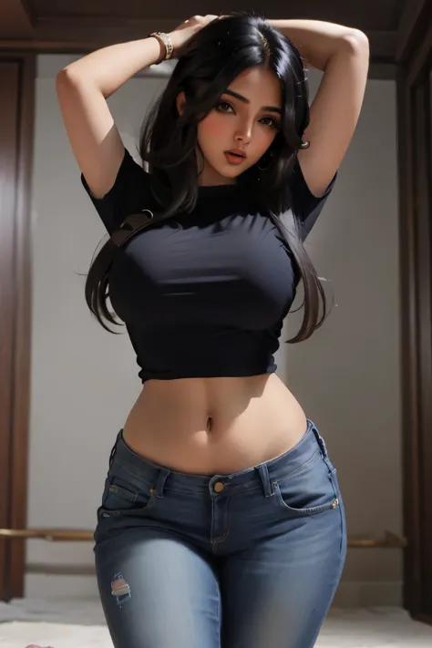 Curvy indian women in jeans bending with black top, on knees, mouth open
