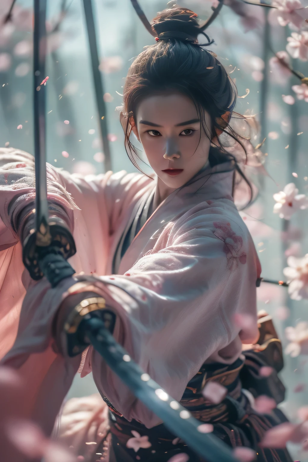 Cherry blossoms,looking at the audience,holding sword,Blade to the side,striking position,Blade down,right hand blade,(masterpiece, best quality, high quality, high resolution, Super detailed),