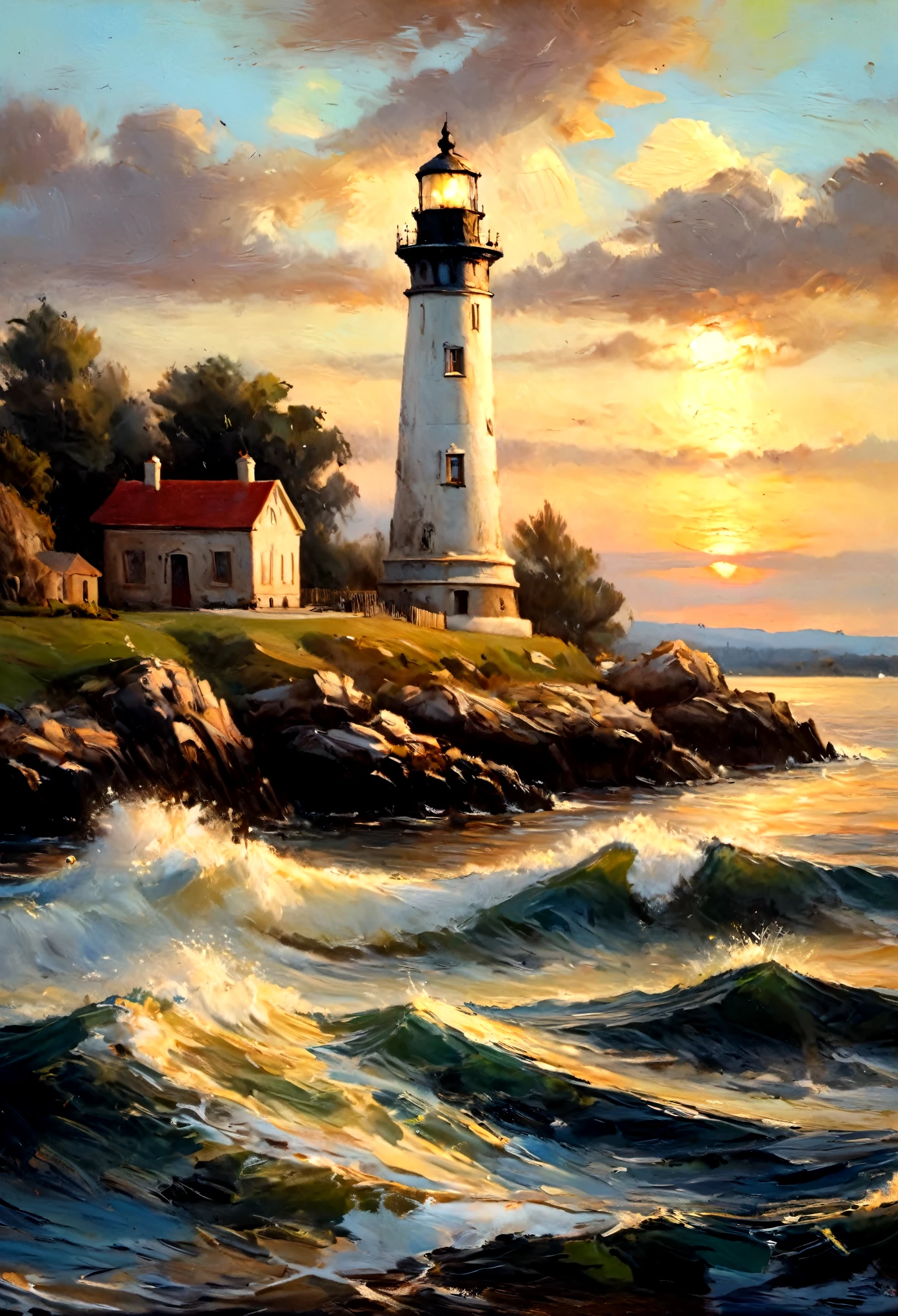 lighthouse seen from the sea,lighthouse seen from the boat,Landscape painting,border between day and night,lighthouse light,sense of security,rendering,paintings painted by masters,masterpiece,oil painting,fine details,intricate details