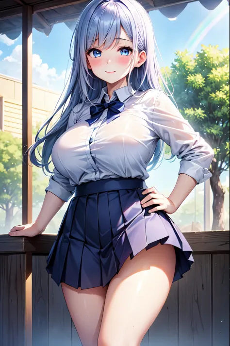 (High quality, High resolution, Fine details), (evening shower), (Rays of light from a hazy sky), (Rainbow in the distance), BREAK Underwear showing through a white blouse, BREAK Navy blue pleated skirt, solo, curvy women, sparkling eyes, (Detailed eyes:1....