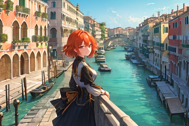 (masterpiece,best quality,ultra detailed:1.2),
Beautiful scenery like Venice, Italy,
from above, hair waving in the wind, 
A girl in  is looking at you with a smile,
She has orange hair and a short cut,