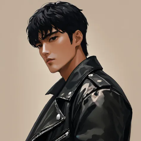 cinematic, a photo of a guy wearing a leather jacket, matured looking, black hair, hot sharp jaw line, korean