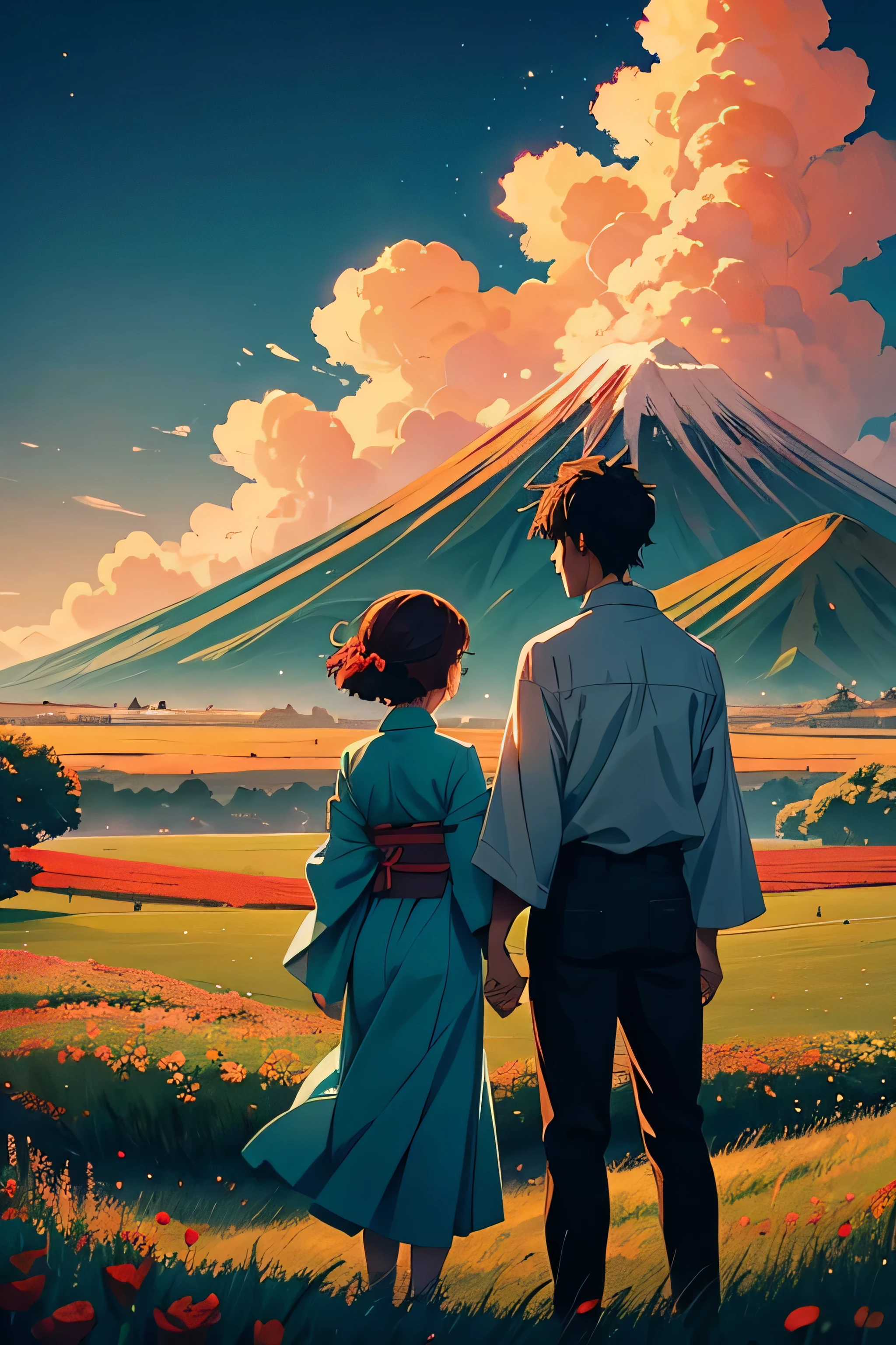 Craft a rich and detailed anime-style artwork depicting a boy and a girl standing together on a tranquil landscape adorned with lush green grass and vibrant red roses. They stand beneath the shade of a majestic tree, symbolizing strength and growth, while around them, the beauty of nature flourishes. In the distance, the iconic silhouette of a mountain reminiscent of Mount Fuji emerges, partially obscured by billowing white clouds, adding a sense of mystery and majesty to the scene. The soft hues of sunrise paint the sky, casting a warm and enchanting glow over the entire setting, evoking a sense of hope and new beginnings. Infuse the artwork with the captivating and emotive style inspired by the renowned Japanese anime movie 'Your Name,' capturing its poignant storytelling and breathtaking visual aesthetics, couple should be seen from behind they are watching that mountain