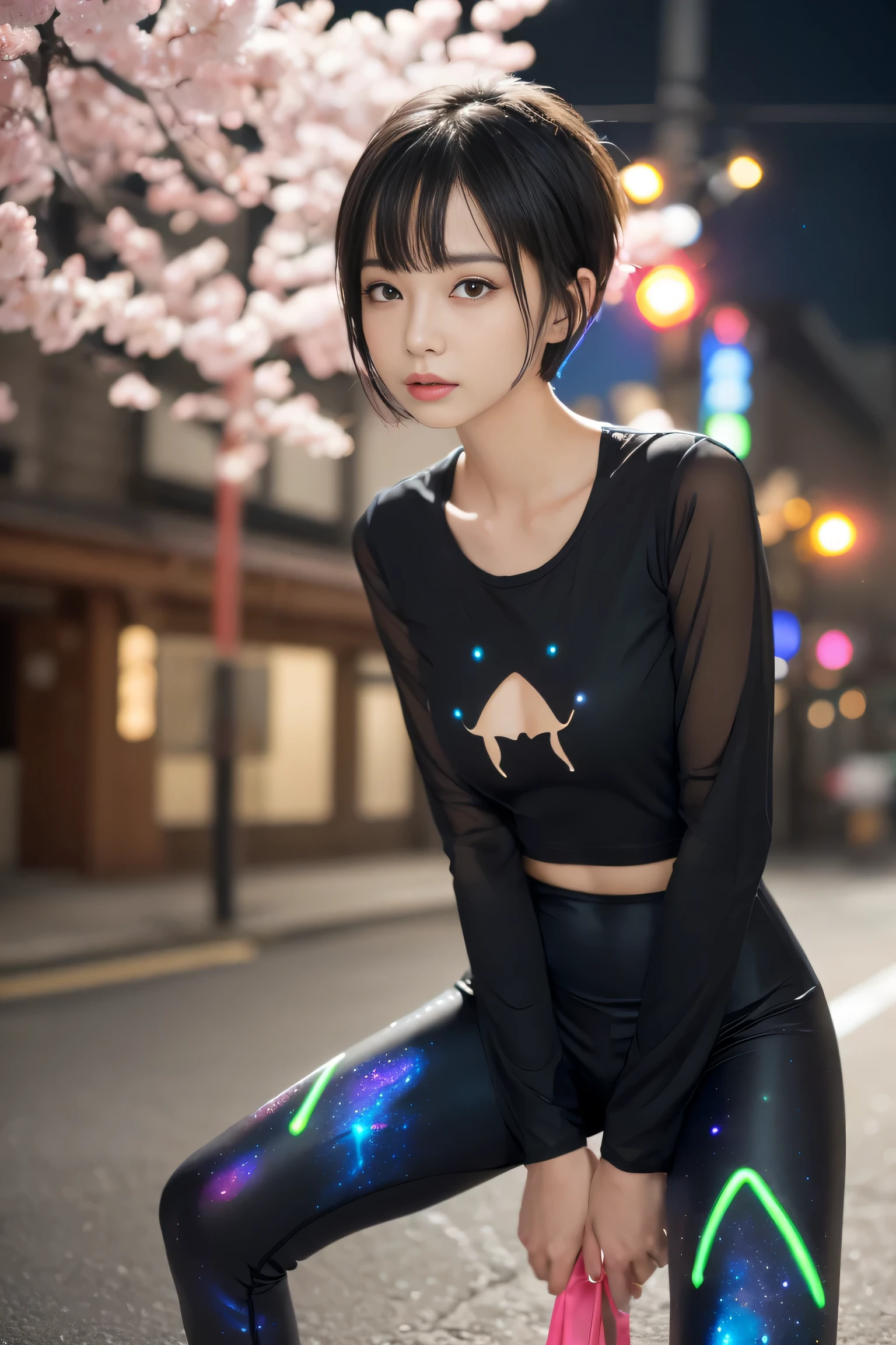 (highest quality, High resolution, Super detailed:1.2), (realistic, photorealistic, photo-realistic:1.37), (thin:1.2), because I&#39;thin, small breasts, woman, Japanese,short hair,((black pixie cut:1.3)), (dull bangs), break

(Galaxy-themed leggings with neon cherry blossom accents:1.4) paired with (Black asymmetrical tunic with neon trim:1.3). Comes with accessories (luminescent galaxy bangle:1.3), (neon sakura hair clip:1.2), and (star field projection watch:1.1).

break　(shot from below:1.2),acrobatic pose